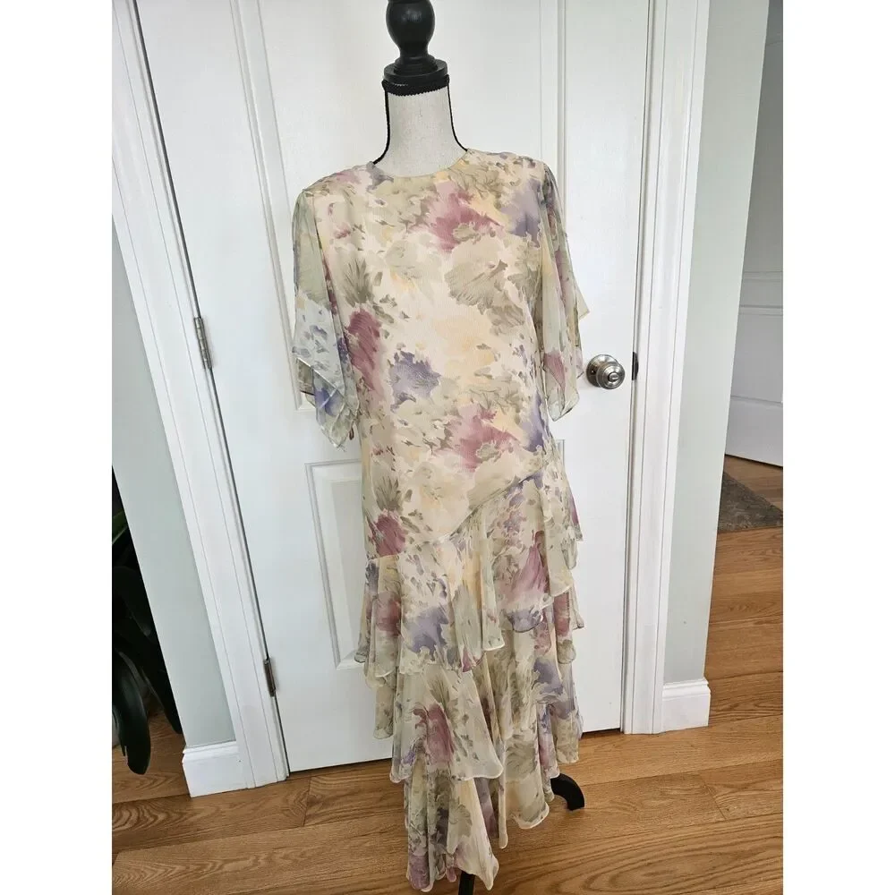 VTG Ursula of Switzerland Tiered flutter Floral Artistic Dress, women's‎ 5/6